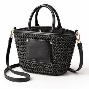 Jane Birkin Inspired Black Woven Mini Tote Bag Crossbody Straw Purse Chic